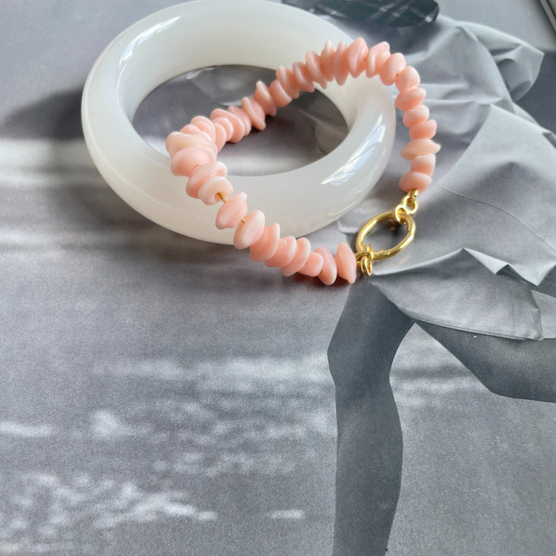 Recycled glass Gold-Vermeil bracelet /  PINK SHELL